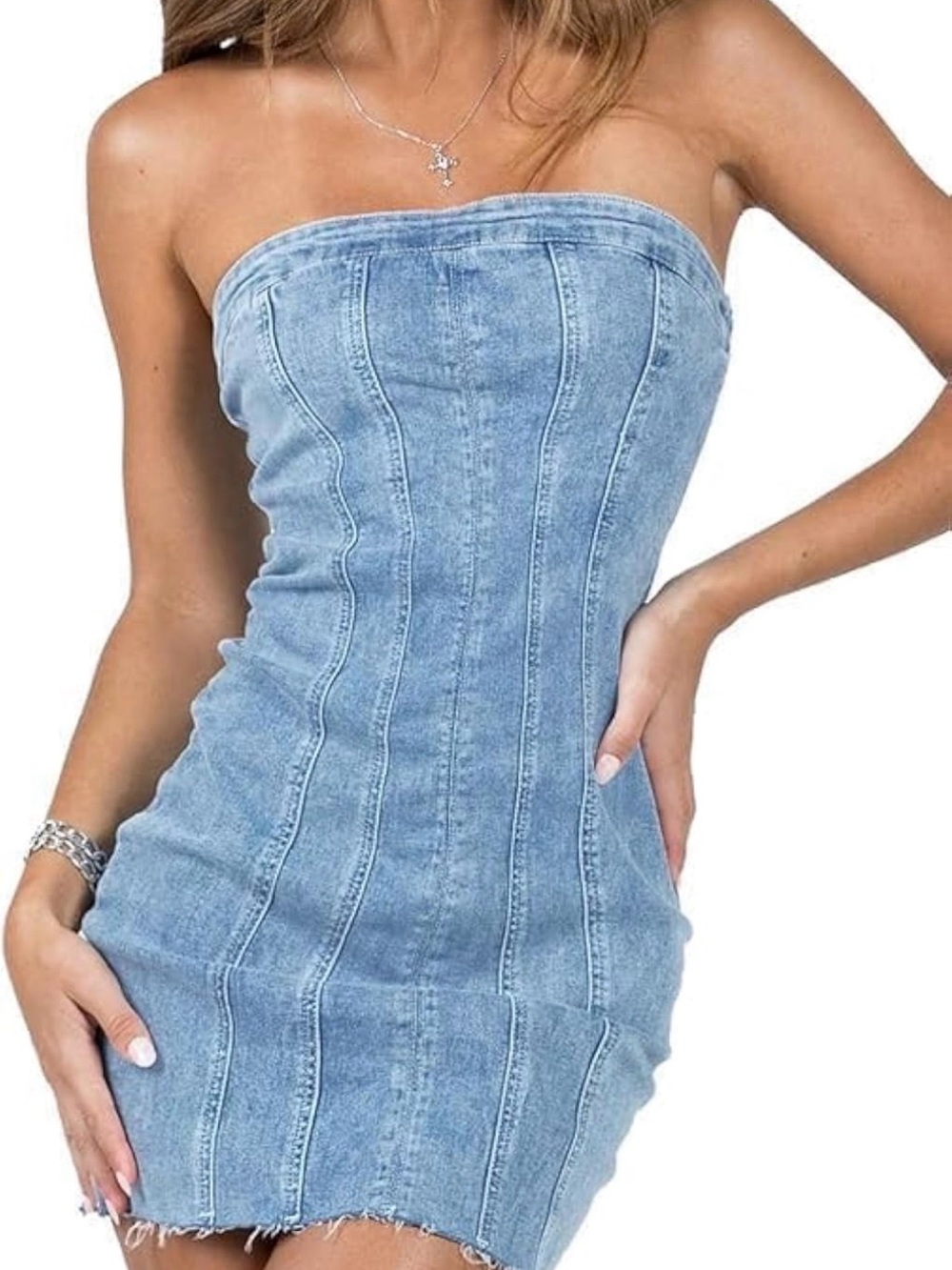 Strapless Light Blue Denim Mini Dress